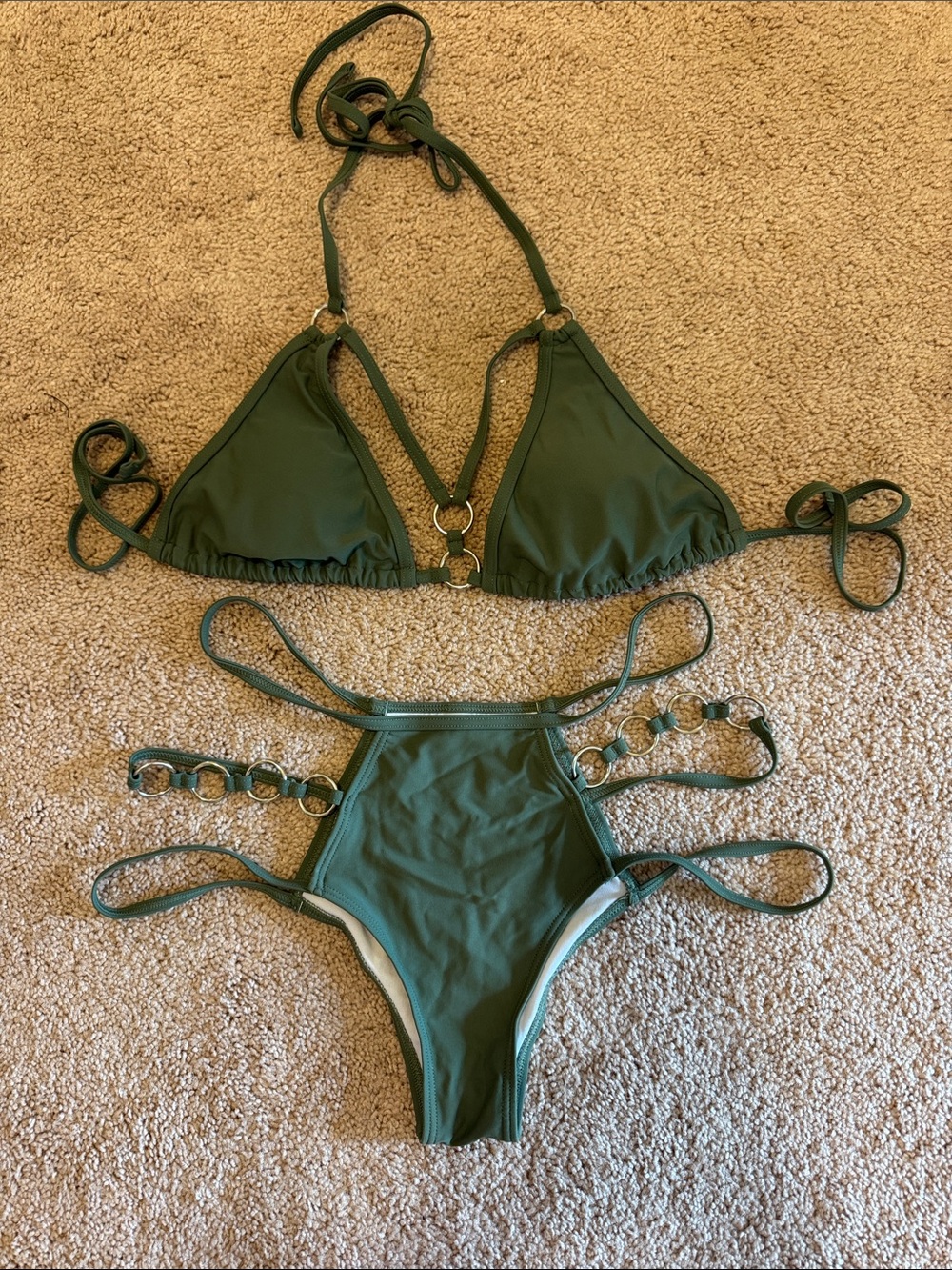 Olive Green Strappy Ring-Detail Bikini Set